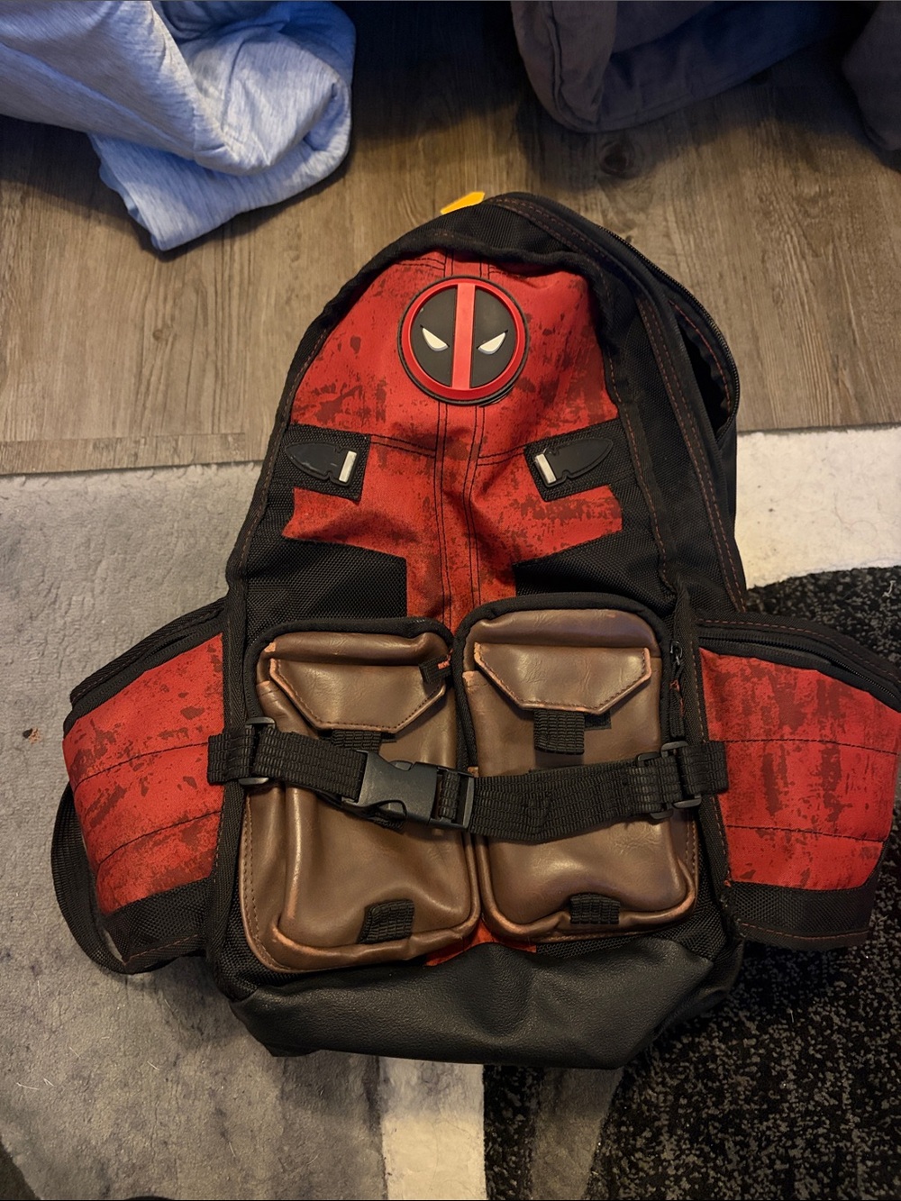 Marvel Red and Black Deadpool Graphic Men’s Backpack with Brown Pouches
